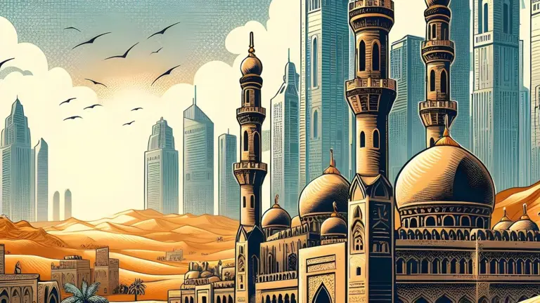 Illustration of mosque, desert and modern Arab skyline
