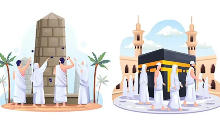 Illustrasjon av hajj med pilegrimer rundt Kaaba