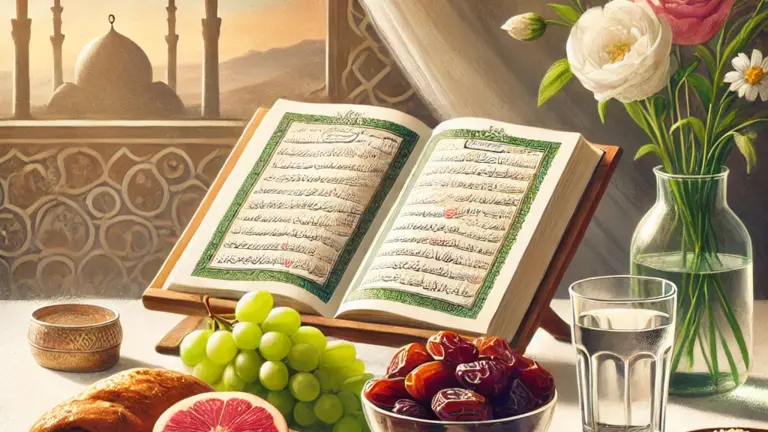 Open Quran with halal food on a table