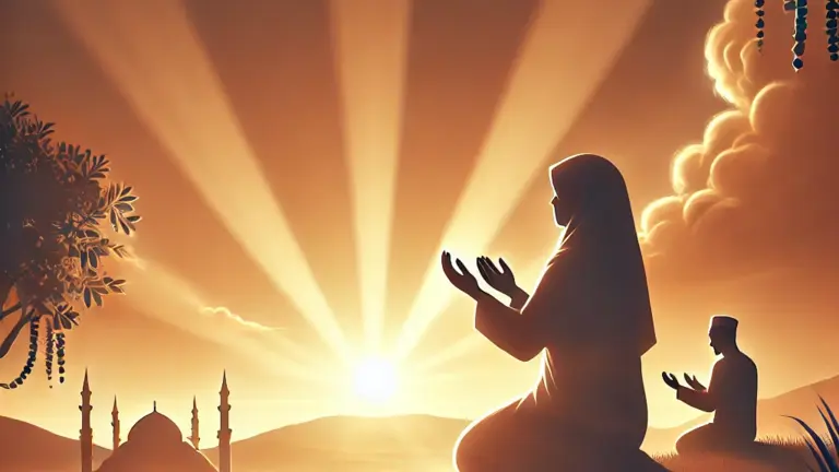 Woman making dua at sunset
