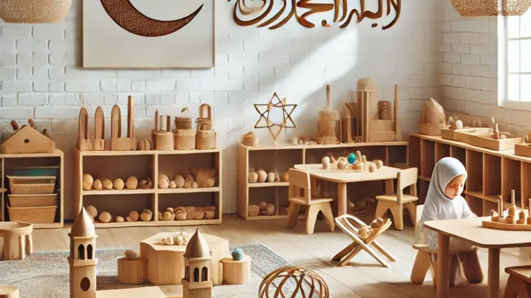 Islamiskt Montessori-klassrum med barn och pedagogiskt material