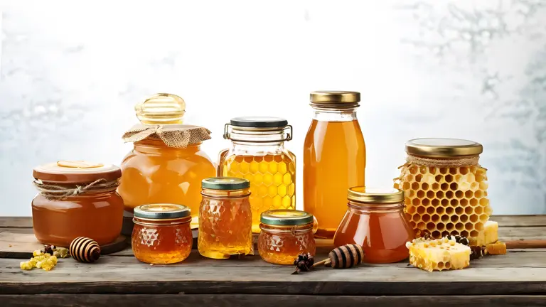 Jars of natural golden honey on a table