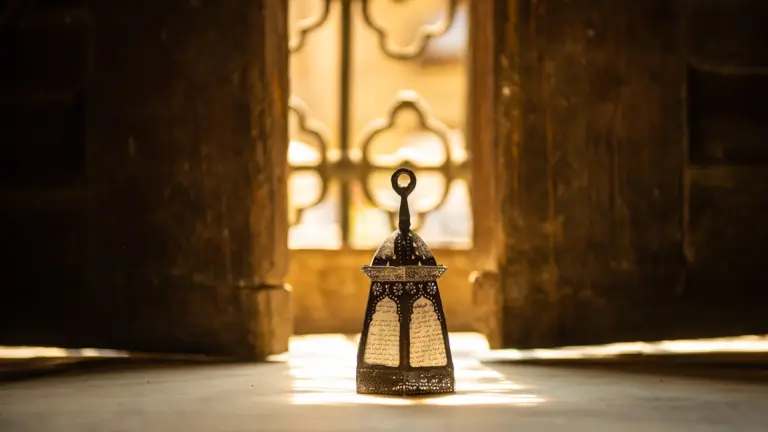 Lit lantern inside a mosque during Ramadan