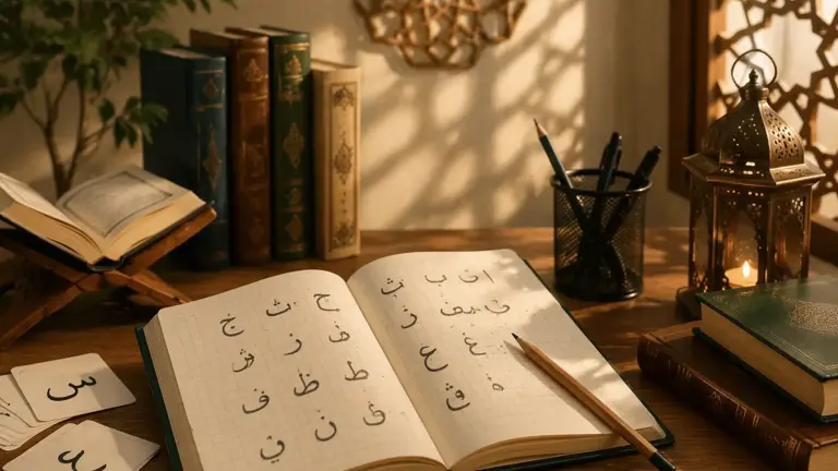 Arabic learning notebook open on a desk with Arabic letters, study materials, and a calm atmosphere for learning Arabic at home.