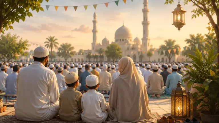 Muslim worshippers standing in rows during the outdoor Eid prayer, performing the collective takbirat