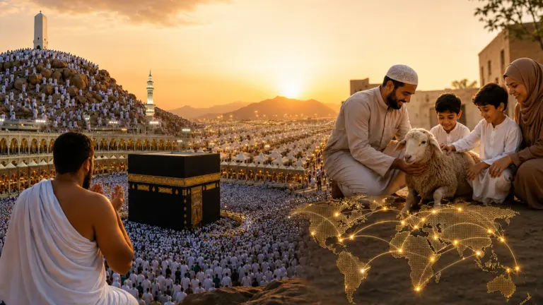 Pilger in weißer Ihrām-Kleidung während des Haddsch in Mekka