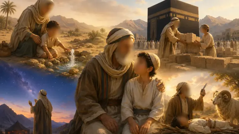 Parent reading an illustrated book about Prophet Ibrahim om their kind, transmitting de Koranische story van Ibrahim en Ismail
