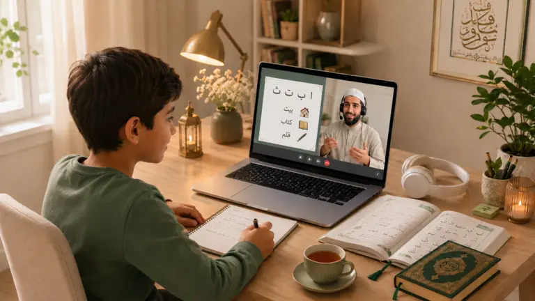 Vuxen student deltar i en privatlektion i arabiska online med en modersmålslärare via dator i en lugn hemmiljö