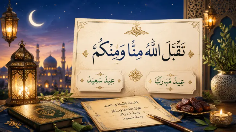 Elegant arabisk kalligrafi med frasen "Taqabbal Allahu minna wa minkum — Eid Mubarak" mot en gyllene islamisk dekorbakgrund
