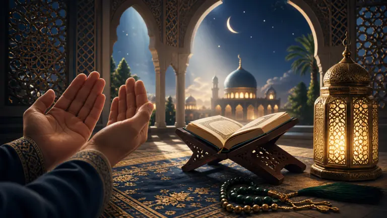 Open Quran with hands raised in supplication, symbolizing powerful Quranic duas and the supplications of the prophets in Islam.