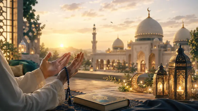 Hands joined in supplication during Eid prayer, representing the duas recited on the Islamic day of celebration