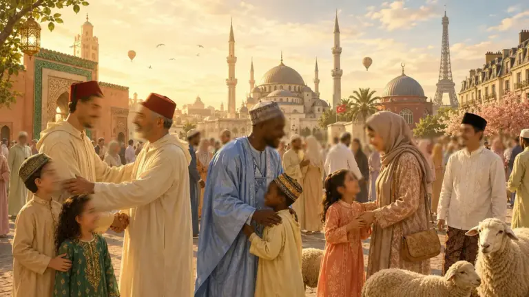 A large congregation of Muslim worshippers gathered outdoors at dawn for the Eid al-Adha prayer, men in traditional dress in rows facing the qibla