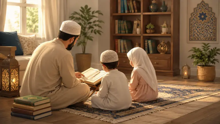 A Muslim father sitting with his young children, reading together from an open Quran on the living room table
