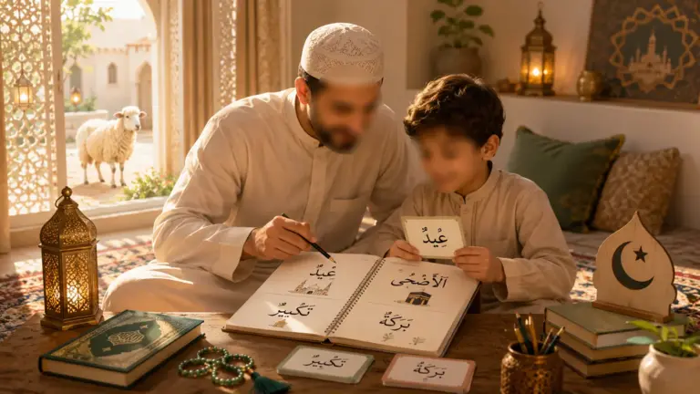 Educational chart showing essential Eid al-Adha Arabic vocabulary — Udhiyya, Takbir, Baraka, Dhabh — displayed in Arabic calligraphy with English translations on a warm Islamic geometric background