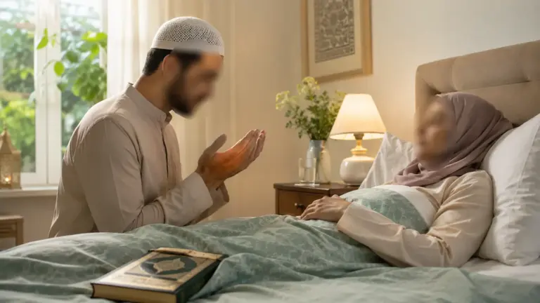 Man making dua for a sick woman in Islam