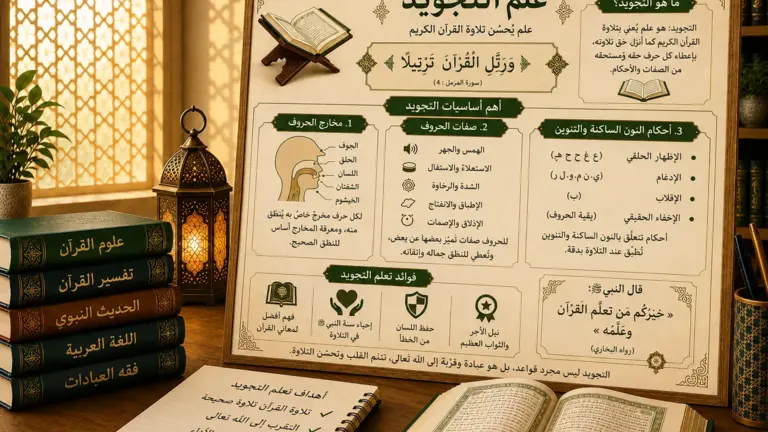 Educational poster about Tajweed and the Arabic alphabet