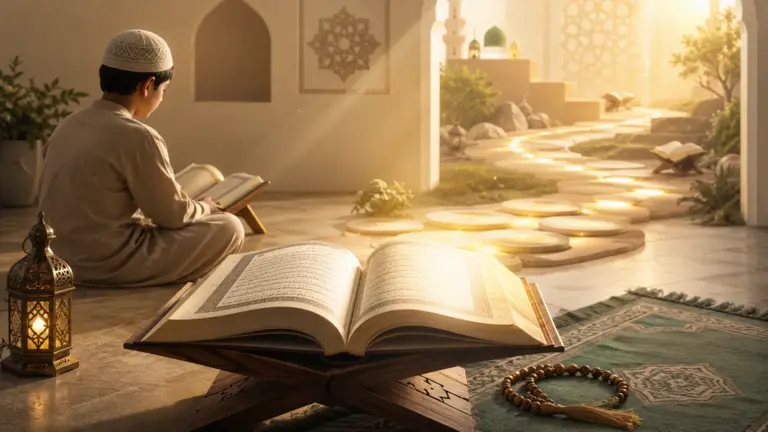 Beginner reading the Quran in peaceful warm light