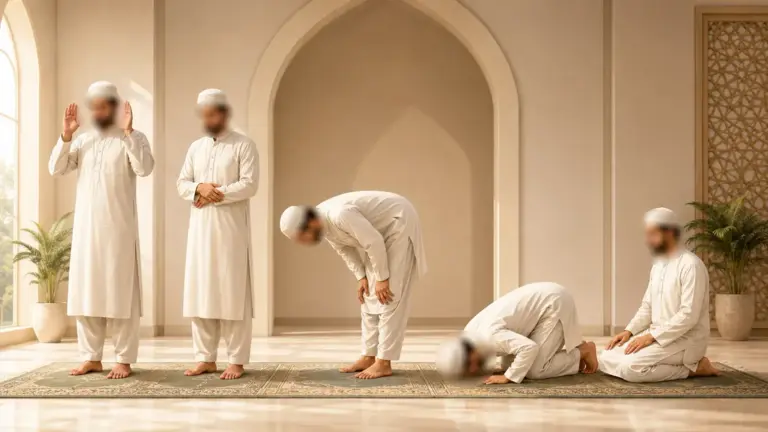 Muslimischer Mann zeigt die einzelnen Schritte des Gebets