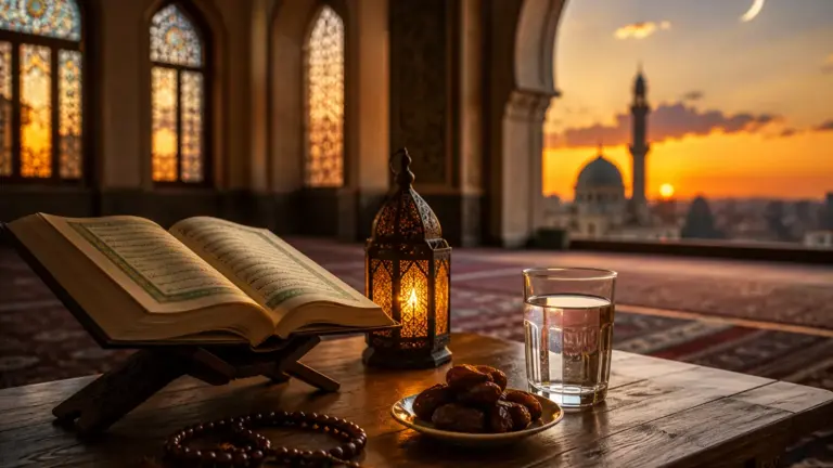 Öppen Koran med dadlar och vatten för Ashura-fastan