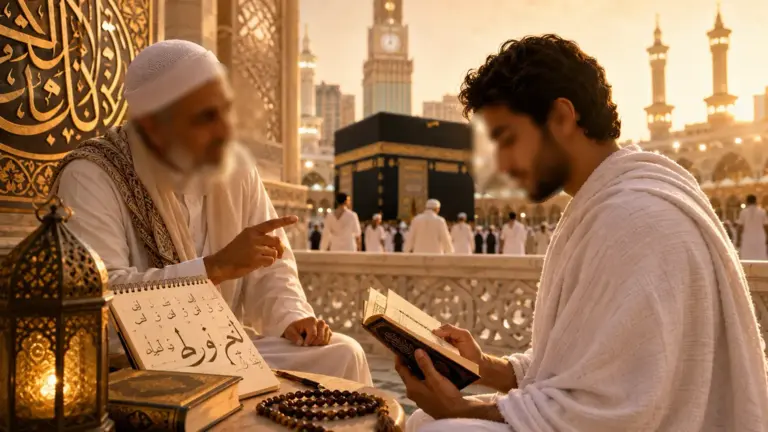 Pilgrim som lär sig arabiska före umrah