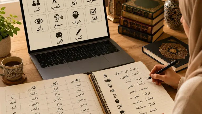 Student som lär sig arabiska verb med dator och anteckningsbok