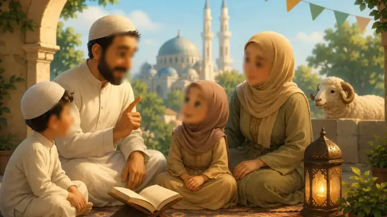 Muslim family explaining Eid al-Adha to children