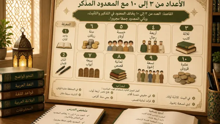 Illustrated lesson on Arabic numbers from 3 to 10