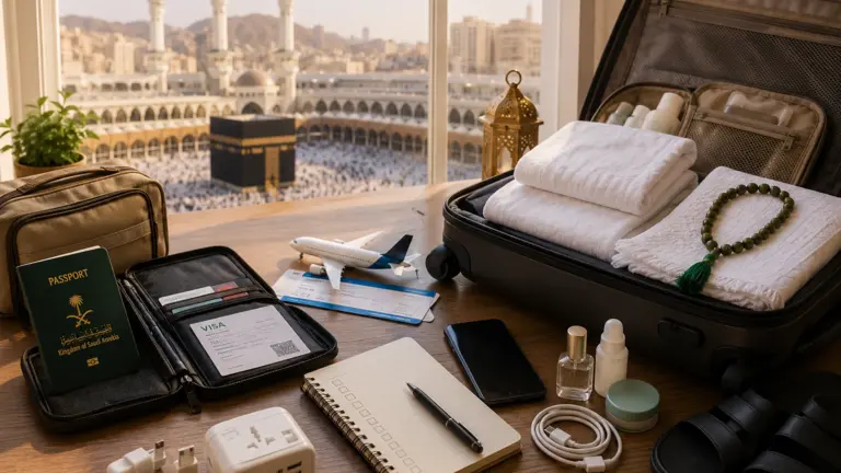 Pellegrino che prepara documenti, bagagli, abiti dell’ihram e oggetti essenziali prima di un viaggio per l’Umrah