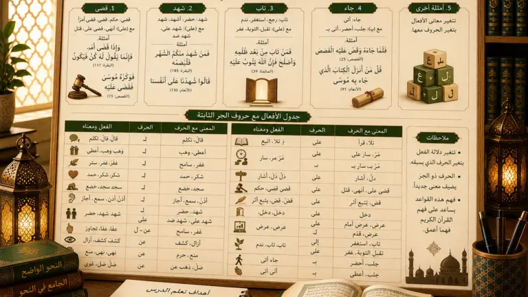 Arabic grammar chart about verbs with fixed prepositions