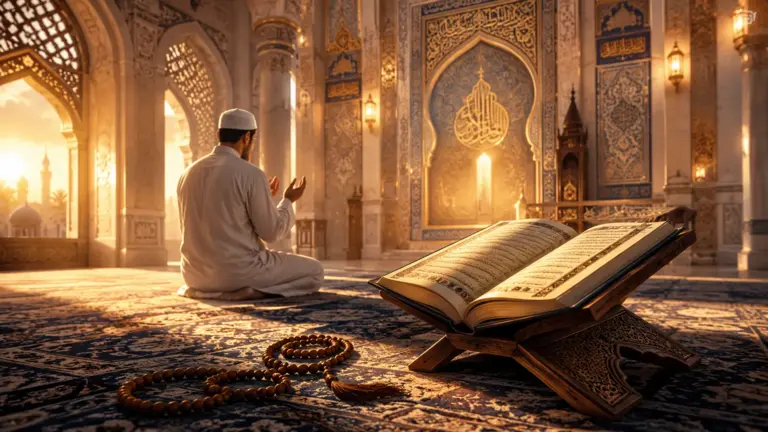 Geöffneter Koran in einer Moschee mit einem betenden Mann