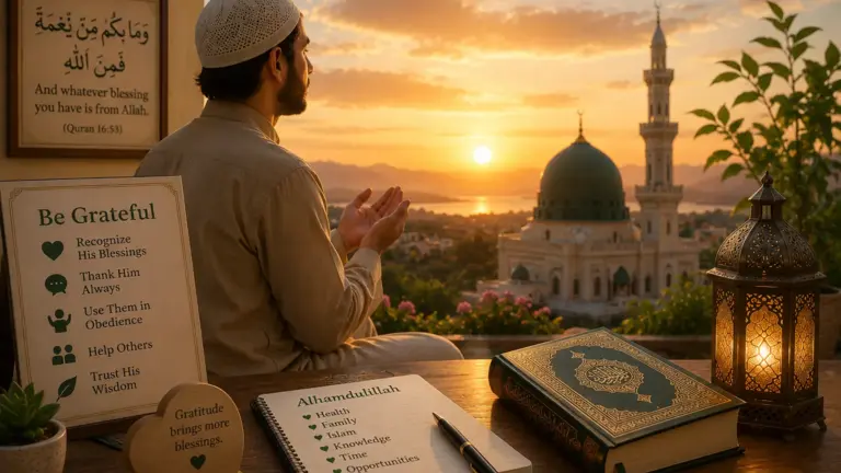 Man thanking Allah before a mosque