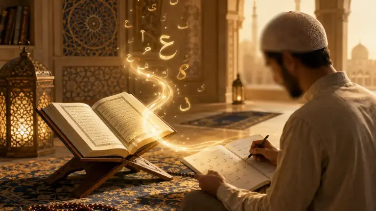 Student learning Arabic beside an open Quran