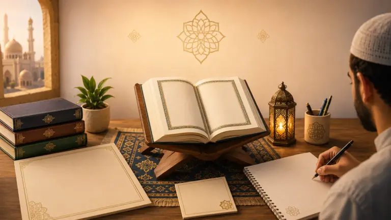 Muslim student learning Arabic with an open Quran