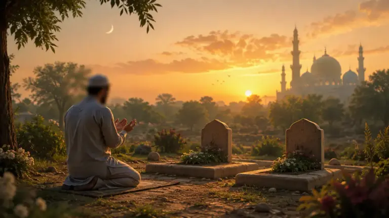 Muslim man praying for deceased parents in a cemetery