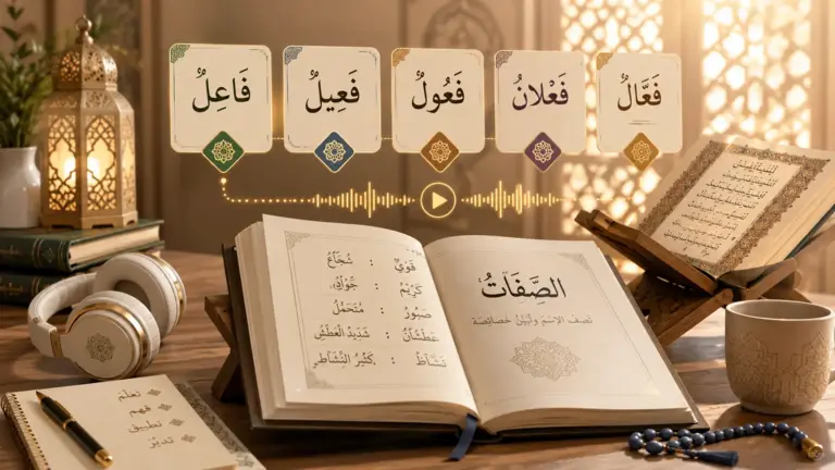 Open Arabic book with Quranic adjective examples