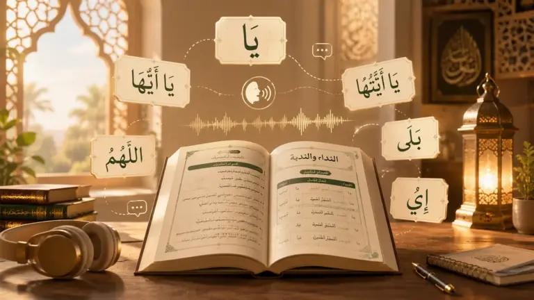 Open Arabic book with Quranic interjection particles