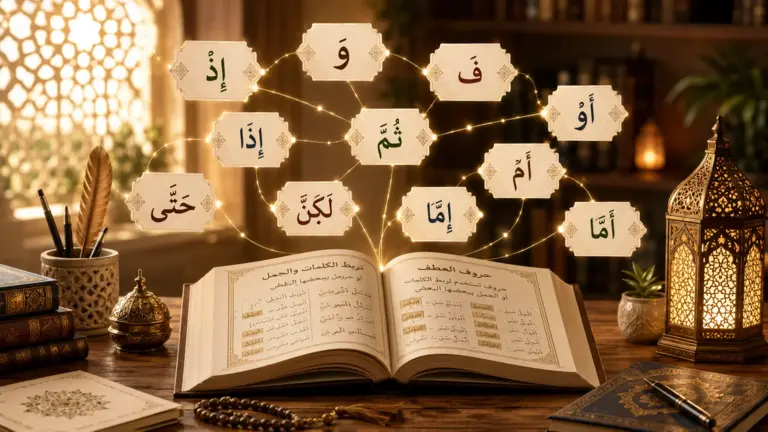 Öppen arabiskbok med koraniska konjunktionspartiklar