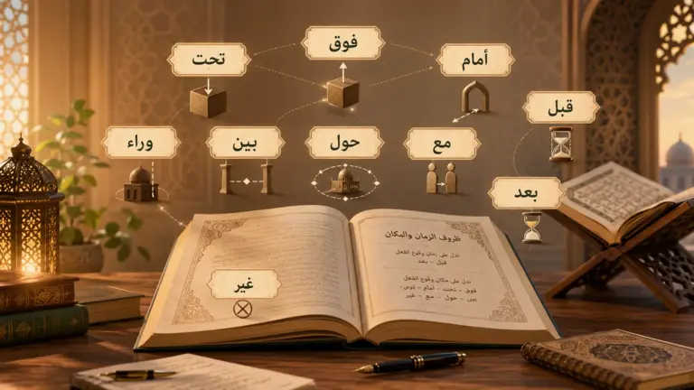 Open Arabic book with illustrated Quranic adverbs