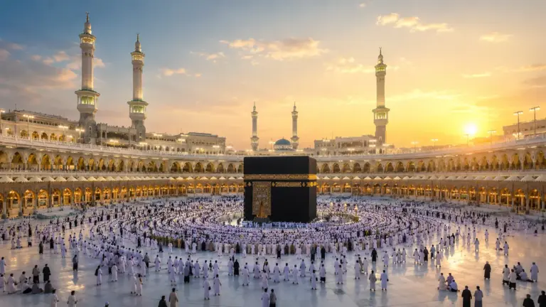 Red visual presenting the history of Masjid al-Haram