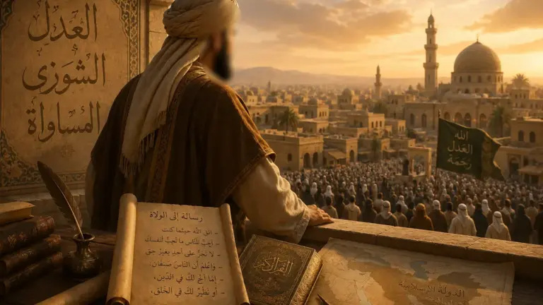 Umar ibn Al-Khattab overlooking a Muslim city