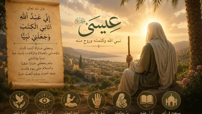 Illustration of Prophet Isa in a radiant landscape