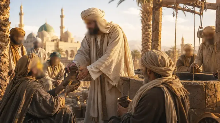 Man offering water near a mosque