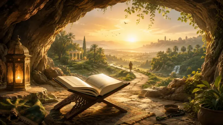 Open Quran in a cave at sunrise