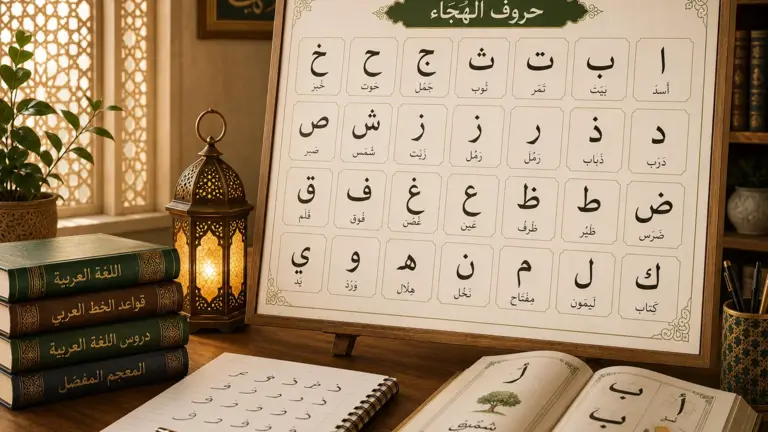 Chart of the 28 Arabic alphabet letters with open book