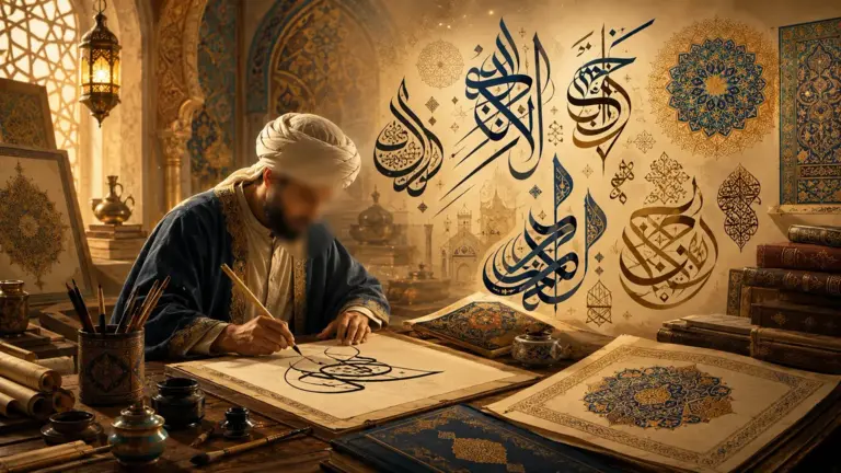 Arab calligrapher writing traditional calligraphy designs