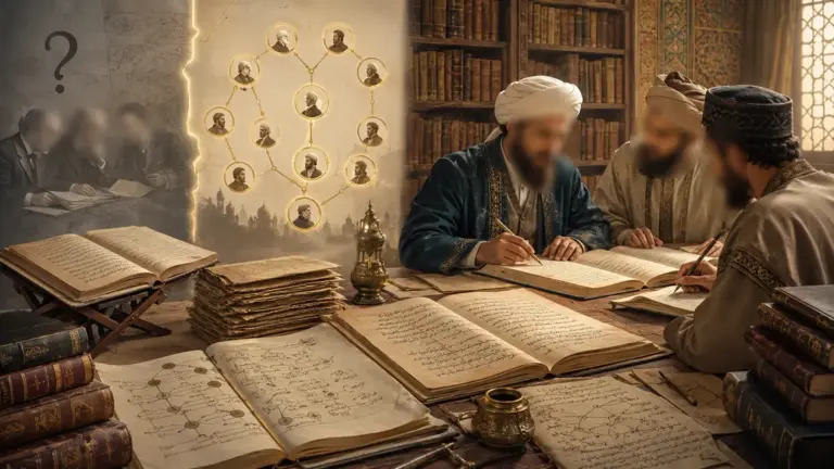 Muslim scholars studying hadith manuscripts