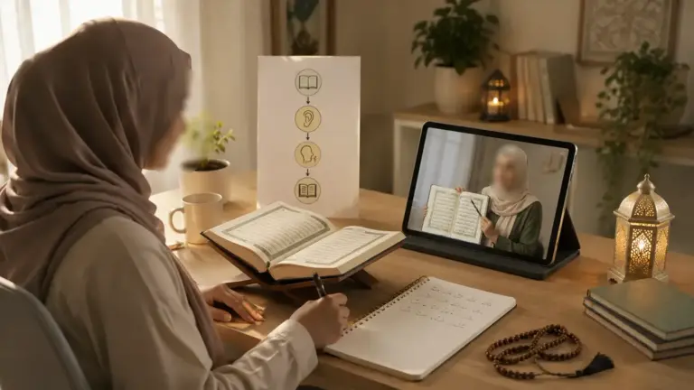 Voksen person lærer at læse Koranen med en åben Mushaf og kursusnoter, illustration af recitationsundervisning for dansktalende begyndere