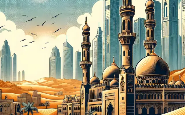 Illustration af moské, ørken og arabiske skyskrabere