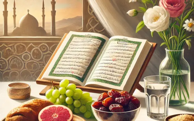Avoin Koraani ja halal-ruokia pöydällä