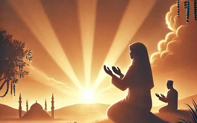 Woman making dua at sunset